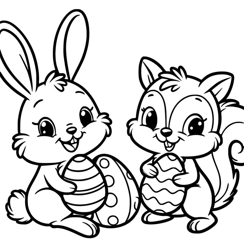 a bunny and a squirrel, both holding easter eggs and smiling.