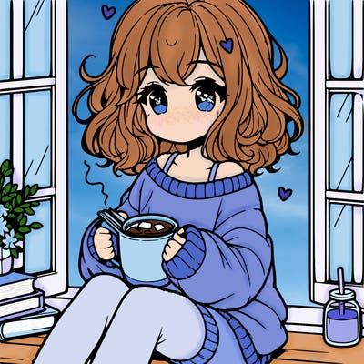 cute anime girl reading book and drinking hot chocolate from mug with loose wavy hair wearing a baggy sweatshirt and shorts sitting by windowsill looking out