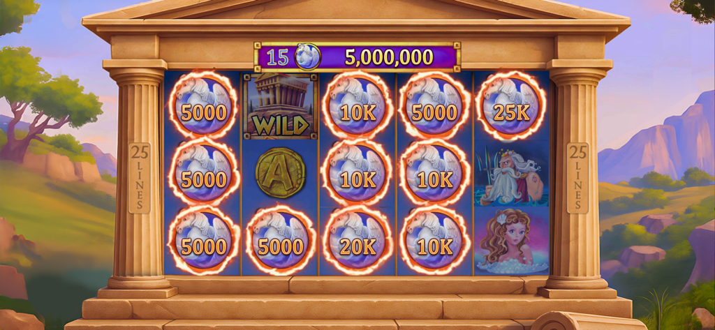 Slots of Luck Vegas Casino - Interface de machine à sous sur le thème de la mythologie grecque avec des symboles de pégase et des colonnes de temple antiques