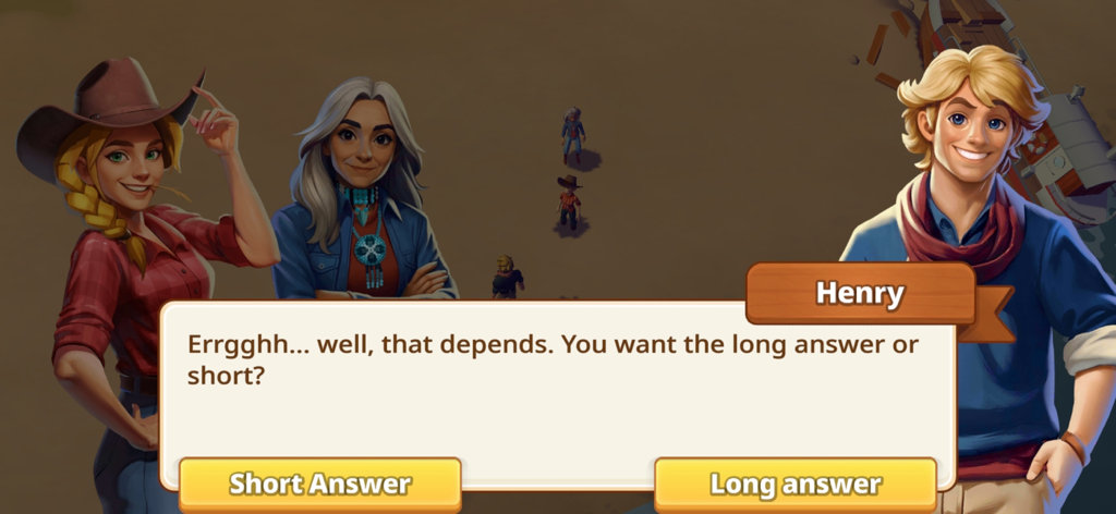 Big Farm Homestead - Un personaje llamado Henry presenta al jugador dos opciones de historia durante una escena de diálogo en Big Farm Homestead.