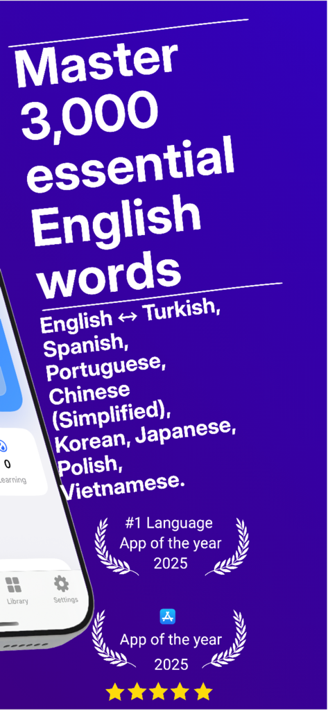 3000 Words Learn English Daily - Promotional screenshot for 3000 Words English learning app showing bilingual support for eight languages and App of the Year 2025 awards