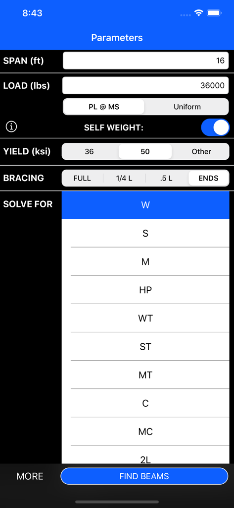 Steel Beams Bulk Checker - Steel Beams Bulk Checker interface for entering structural design parameters like span load and beam sections