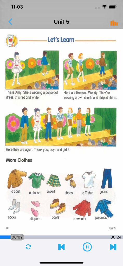 牛津少儿英语Let’s Go 3/4 -最佳初级小学教材 - Página de libro de texto digital de la aplicación Let's Go que enseña vocabulario de inglés para ropa a niños