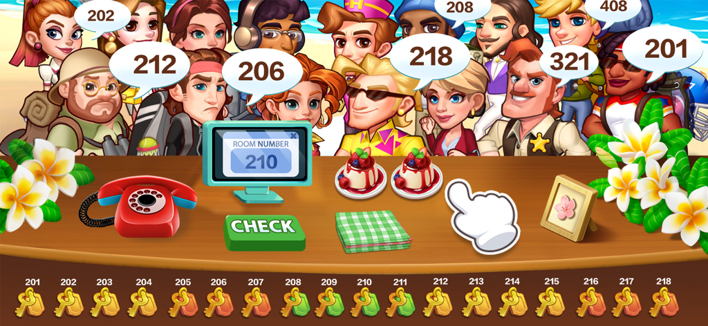 Hotel Craze® Design Makeover - 漫画のホテルの受付デスクで、さまざまなゲストがチェックインを待っており、下部にはルームキーがあります
