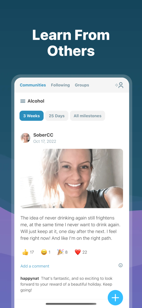 A community feed in the I Am Sober app showing a user's three-week sobriety milestone post with a photo and supportive comments.
