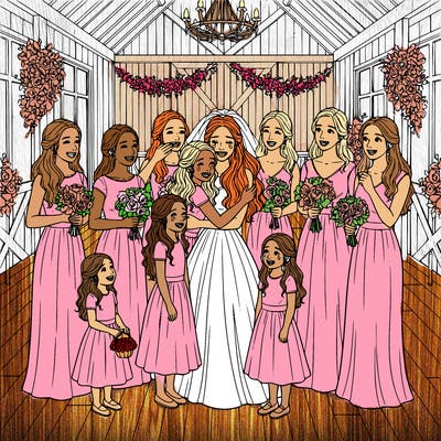 jr bridesmaids crying happy tears with the bride and the bride and bridesmaids and jr bridesmaids hair down and the flower girl  as well the background  is a fancy farmhouse