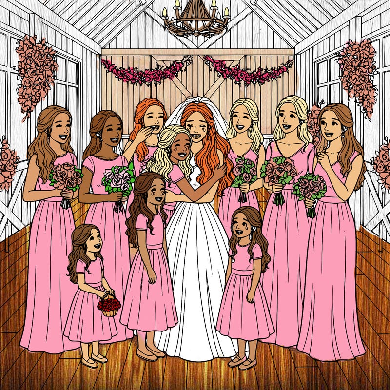 jr bridesmaids crying happy tears with the bride and the bride and bridesmaids and jr bridesmaids hair down and the flower girl  as well the background  is a fancy farmhouse
