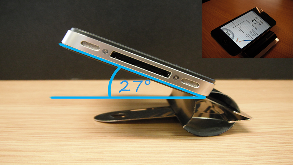 An iPhone measuring a 27 degree angle on a surface using the iGradient app