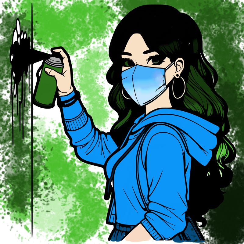 realistic girl with mask spray painting a wall