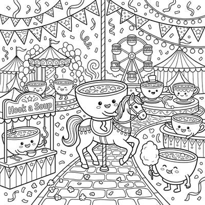 Step right up for a whimsical carnival adventure featuring adorable, personified chicken soup bowls! This charming coloring page is packed with fun fairground attractions, ready for your creative touch.
