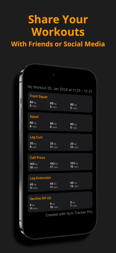 Gym Tracker Pro - Workout Log - A workout summary screen on an iPhone showing weights and reps for sharing on social media