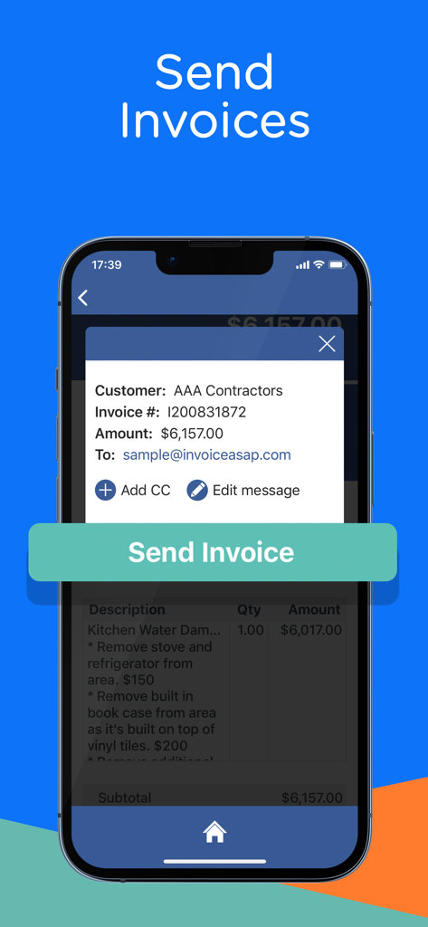 Invoice ASAP: Field Service - Mobile screen of Invoice ASAP app showing a preview and send button for a field service invoice.