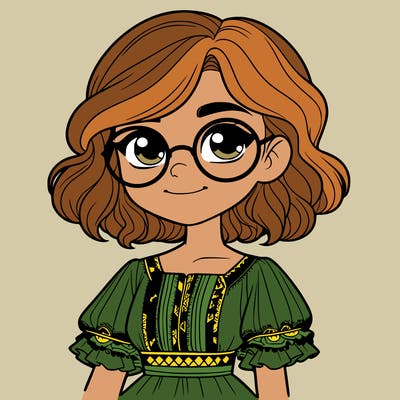 one girl with medium short hair, which are wavy. she has round glasses. she wears a latina outfit.