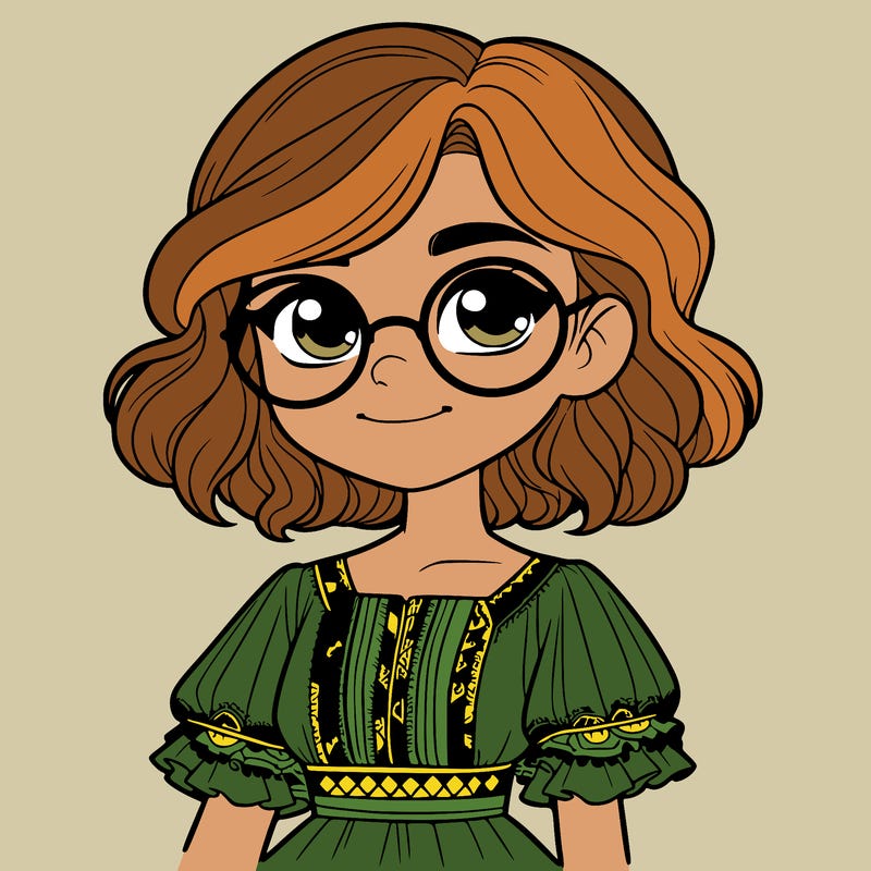 one girl with medium short hair, which are wavy. she has round glasses. she wears a latina outfit.