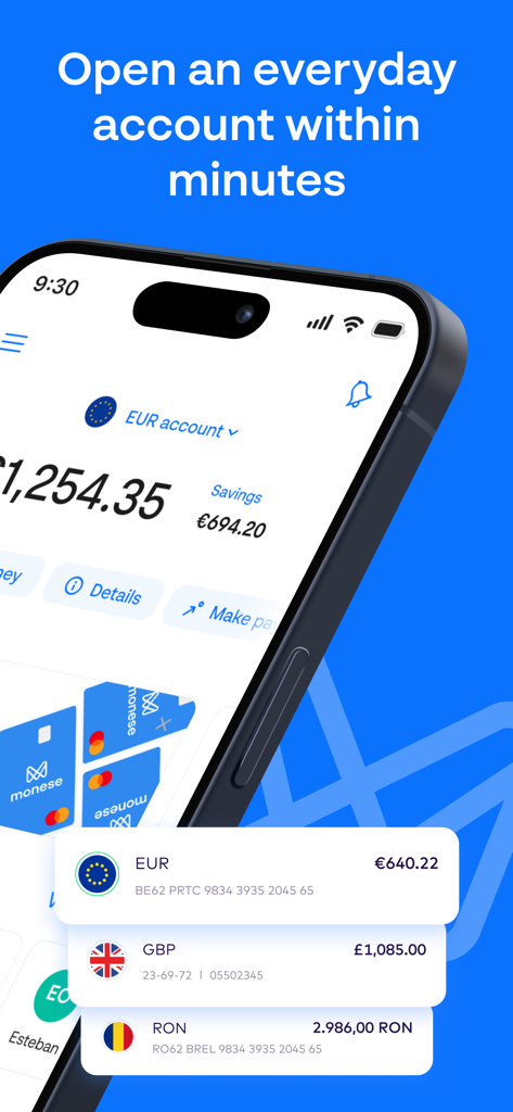 Monese-App-Schnittstelle mit Multiwährungskonten für EUR, GBP und RON auf einem Mobiltelefon
