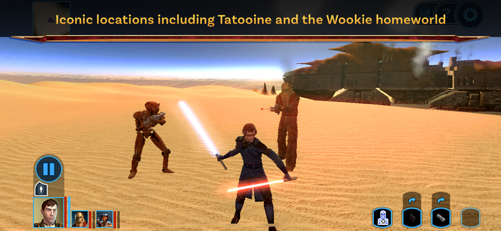 Captura de pantalla del juego de Star Wars KOTOR con un Jedi con sables de luz dobles en el planeta desértico Tatooine.