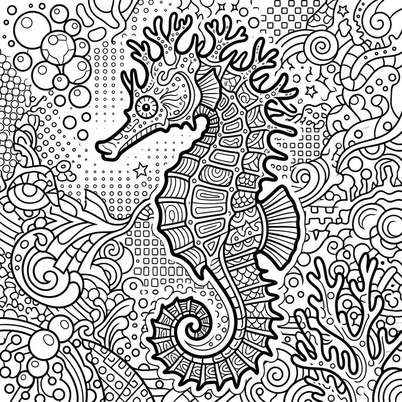 Discover the unique beauty of a Barbour's Seahorse brought to life with a dynamic Pop Art twist. This intricate coloring page features bold outlines and a rich background, perfect for creative expression.