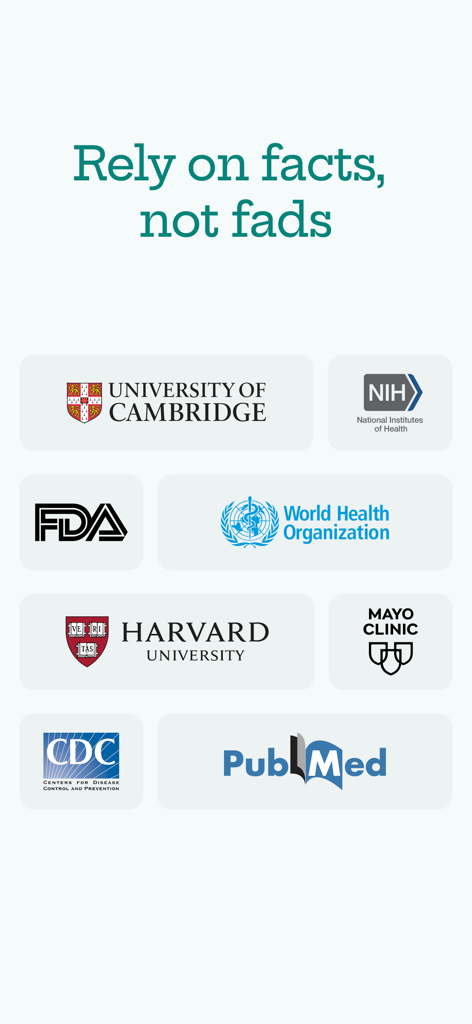 Nori - Scan your food - Nori app screen featuring logos of trusted health organizations like FDA, WHO, and Harvard University to emphasize data reliability