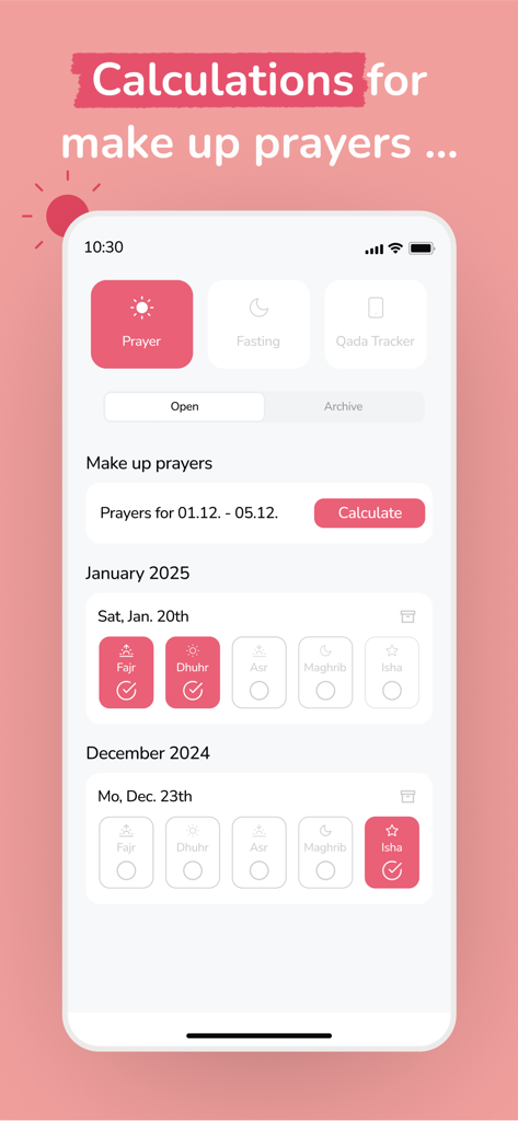 Interface of Waliya app showing the qada tracker for calculating and marking missed Islamic prayers