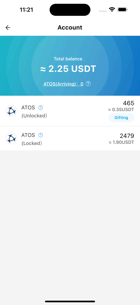ATOSHI:Crypto Mining & Rewards - ATOSHI app interface displaying a total balance of 2.25 USDT and a list of unlocked and locked ATOS points.