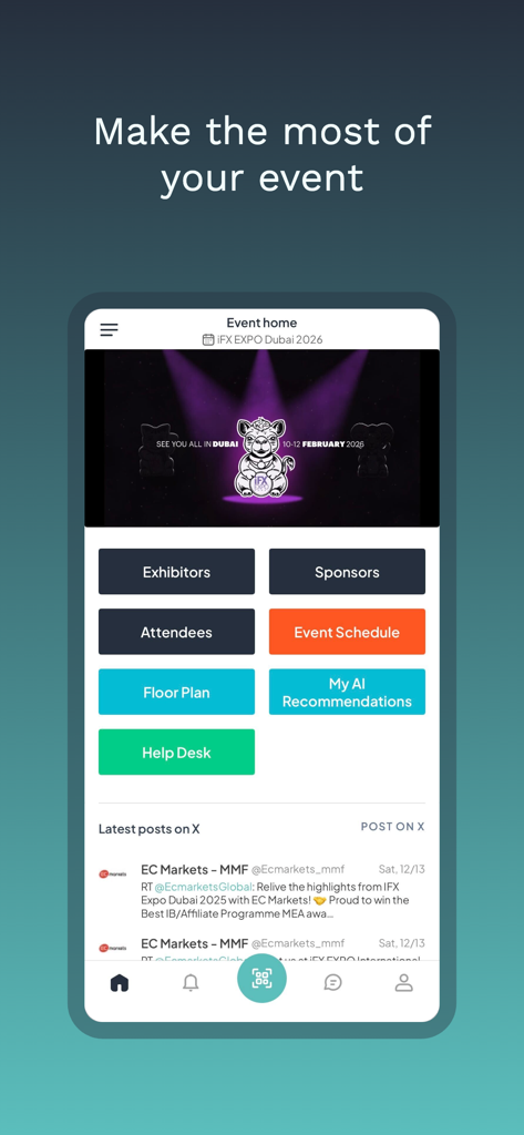 iFX EXPO - iFX EXPO app dashboard showing event navigation options for schedule floor plan and attendees