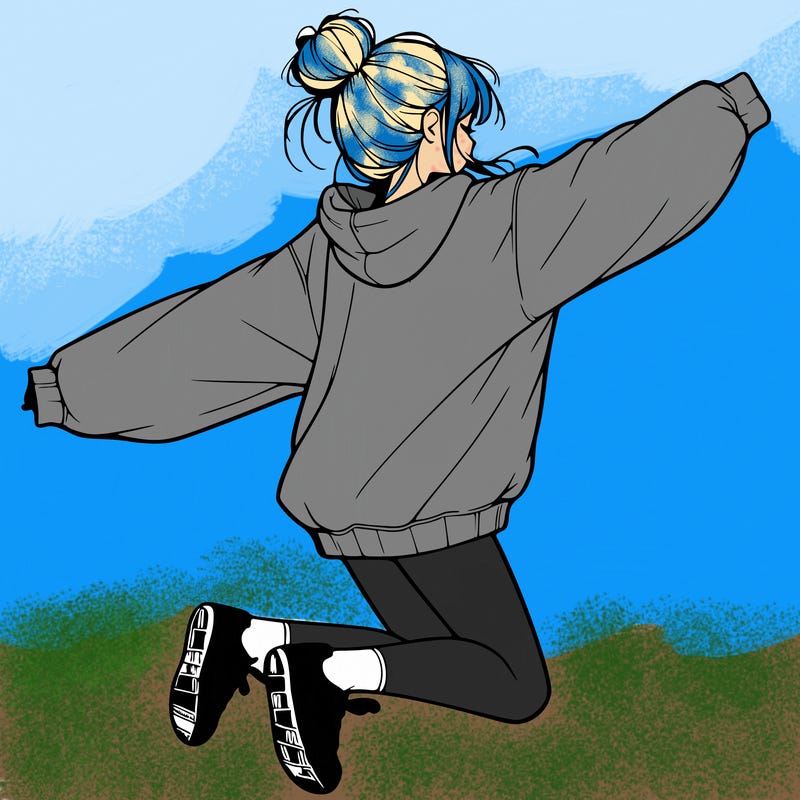 realistic girl jumping with a bun and oversized sweatshirt