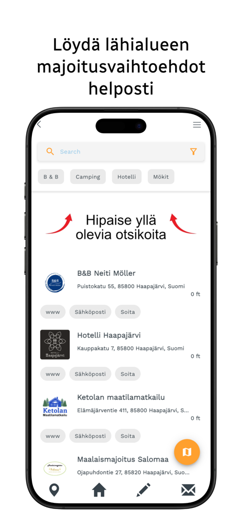 Haa App - Haa App-Oberfläche, die eine Liste lokaler Unterkunftsmöglichkeiten wie Hotels und B&Bs in Haapajärvi anzeigt