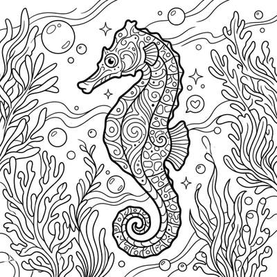 Explore the mesmerizing beauty of the ocean with this unique Painted Seahorse coloring page, brimming with intricate patterns. This delightful template invites colorists of all ages to bring an aquatic masterpiece to life.