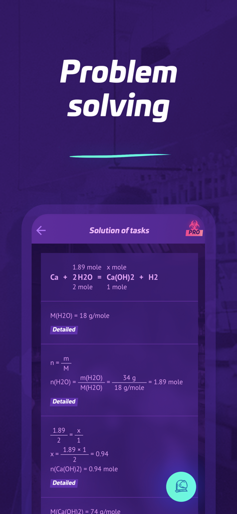 Chemistry AI· - Chemistry AI app interface displaying detailed step by step solutions for a chemical equation.