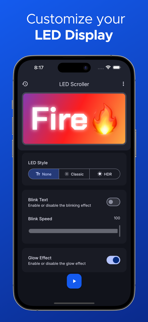 Interfaz de la aplicación móvil para personalizar el scroller LED con efectos de texto brillantes y parpadeantes
