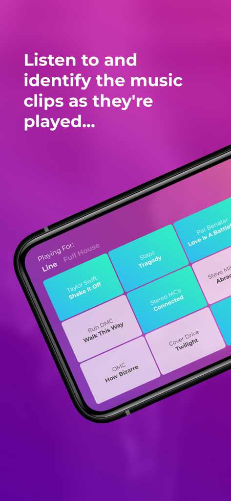 Rock and Roll Bingo Music Quiz - A smartphone screen showing a music bingo game with popular song tiles like Shake It Off and Tragedy.