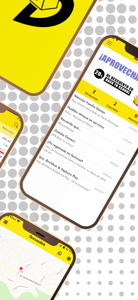 Domex Courier - Interface of the Domex Courier app showing shipping status notifications and branch locations on a map