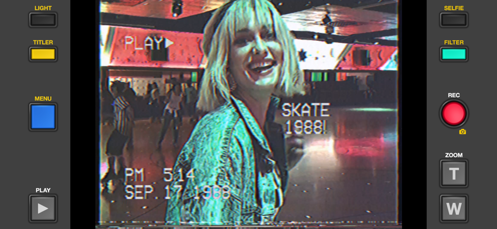 Rarevision VHS: Retro Cam - Interface of the Rarevision VHS app showing a retro 1980s video filter with a timestamp and glitch effects on a scene at a roller rink.