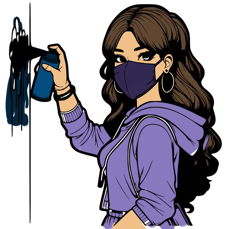 realistic girl with mask spray painting a wall