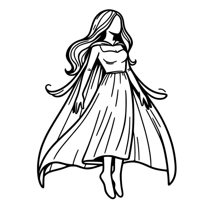 woman levitating with long hair and a cape dressing with a pants
