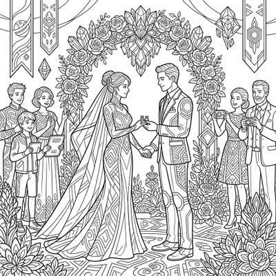Step into a captivating future where love transcends time with this unique wedding coloring page. Witness a beautiful ceremony combining elegant traditions with futuristic flair, ready for your artistic touch.