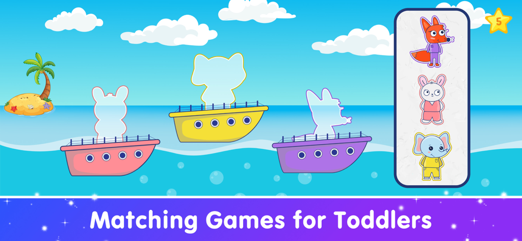 Kids Toddlers Learning Games - Educational matching game for toddlers featuring animal characters and colorful boats on the sea