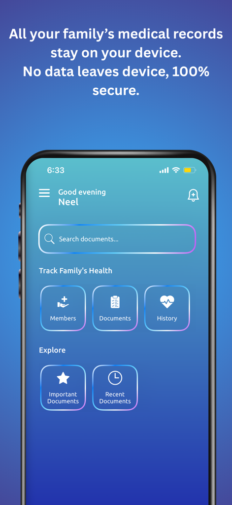 MediTrack - Family Health - Écran d'accueil de l'application MediTrack affichant les options de suivi de la santé familiale et un message de stockage sécurisé hors ligne.