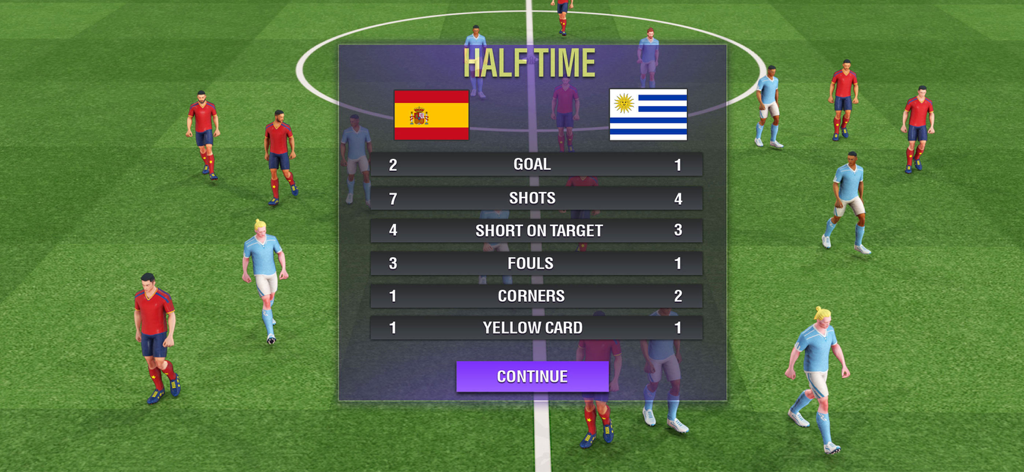 Una pantalla de estadísticas de medio tiempo de un partido de fútbol entre España y Uruguay.