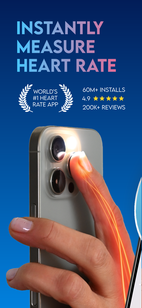 Instant Heart Rate: HR Monitor - Un doigt placé sur l'objectif de la caméra d'un iPhone pour mesurer instantanément la fréquence cardiaque à l'aide du capteur flash de l'application.