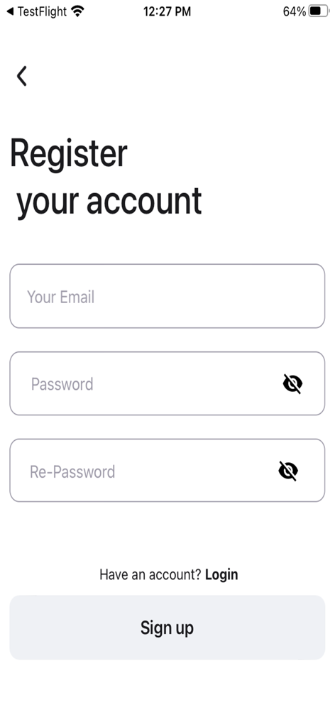Schermata di registrazione dell'app Trak4 con campi email e password