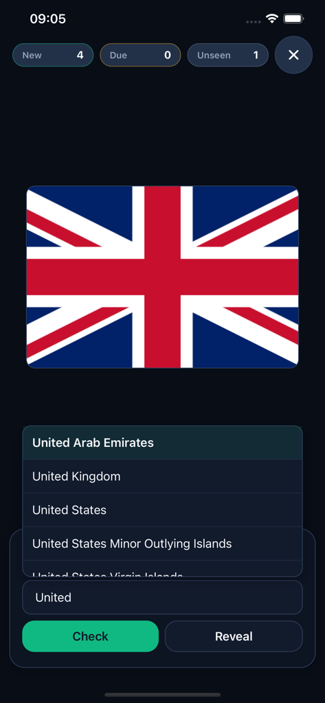 GeoWiz app interface showing a flag quiz challenge for the United Kingdom