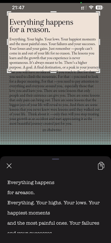 拍照取字 - Interface of the Scan X app showing a book quote being captured by a camera and converted into editable digital text using OCR technology.