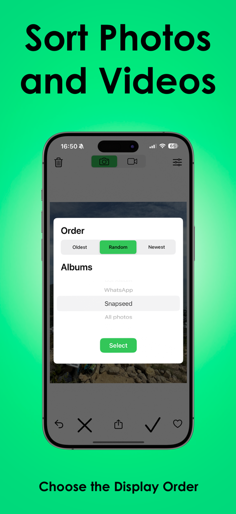 Photo Cleaner - Swipe Gallery - Captura de pantalla de iPhone de la aplicación Photo Cleaner que muestra un menú para seleccionar el orden de visualización por más antiguo, más nuevo o aleatorio y elegir álbumes de fotos específicos.