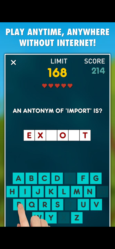 Antonyms PRO - Gameplay screen of Antonyms PRO showing a word guessing challenge for the word import