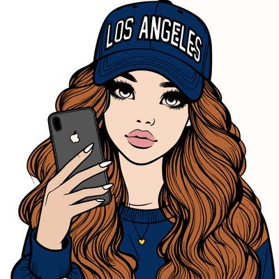 realistic beautiful girl wearing los ángeles cap holding an iphone
