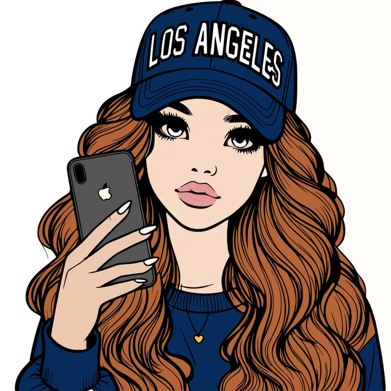 realistic beautiful girl wearing los ángeles cap holding an iphone