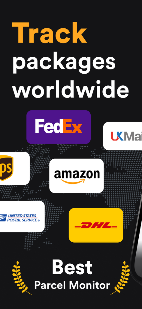 Package Tracker - Tracking App - Mobile app screen displaying various delivery carrier logos including FedEx, Amazon, UPS, and DHL with the text Track packages worldwide.