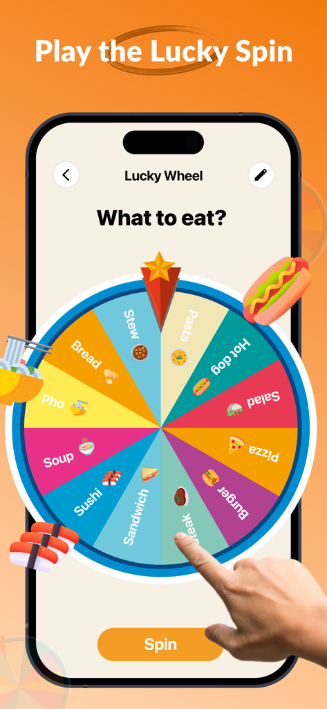 Lucky Tap: Touch, Spin, Decide - Lucky Tap app interface showing a colorful spin the wheel game to decide what to eat with various food options