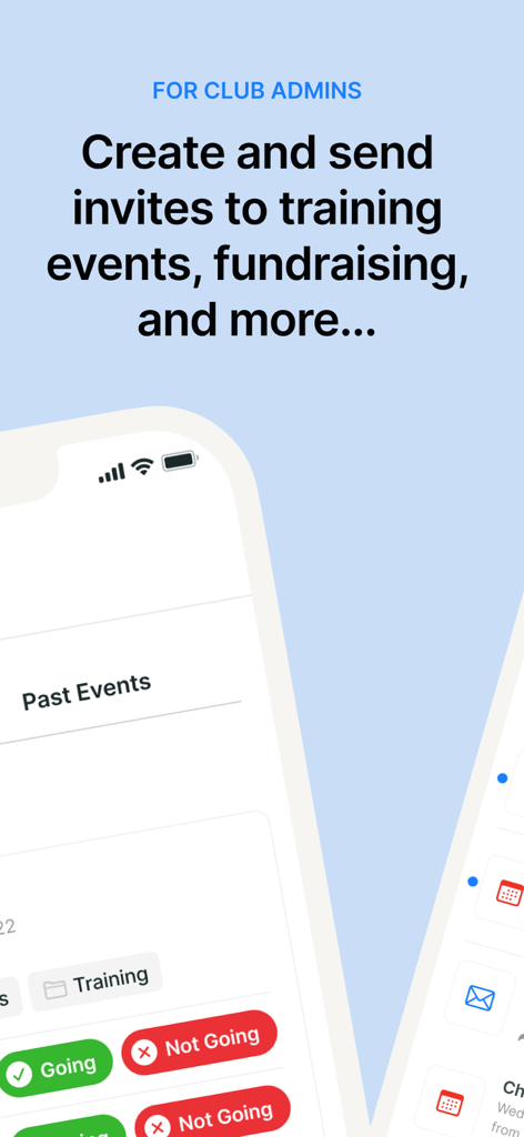 Foireann - Foireann app interface for club administrators to create and send invites for training and fundraising events with RSVP options